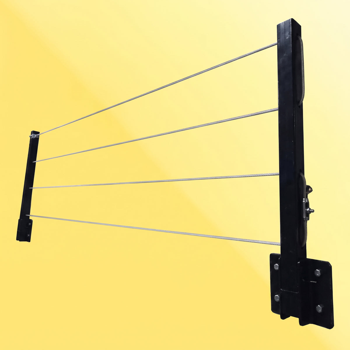 A black metal tension band for vehicle doors, featuring two vertical mounting posts and four horizontal steel cables, shown against a solid yellow background.